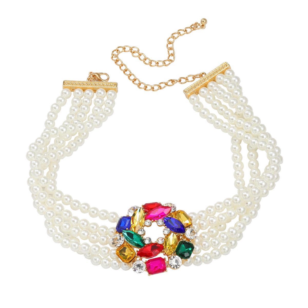 

Многослойное ожерелье из искусственного жемчуга с цветком из стекла и бриллиантов - ювелирные изделия в европейском и американском стиле золотой