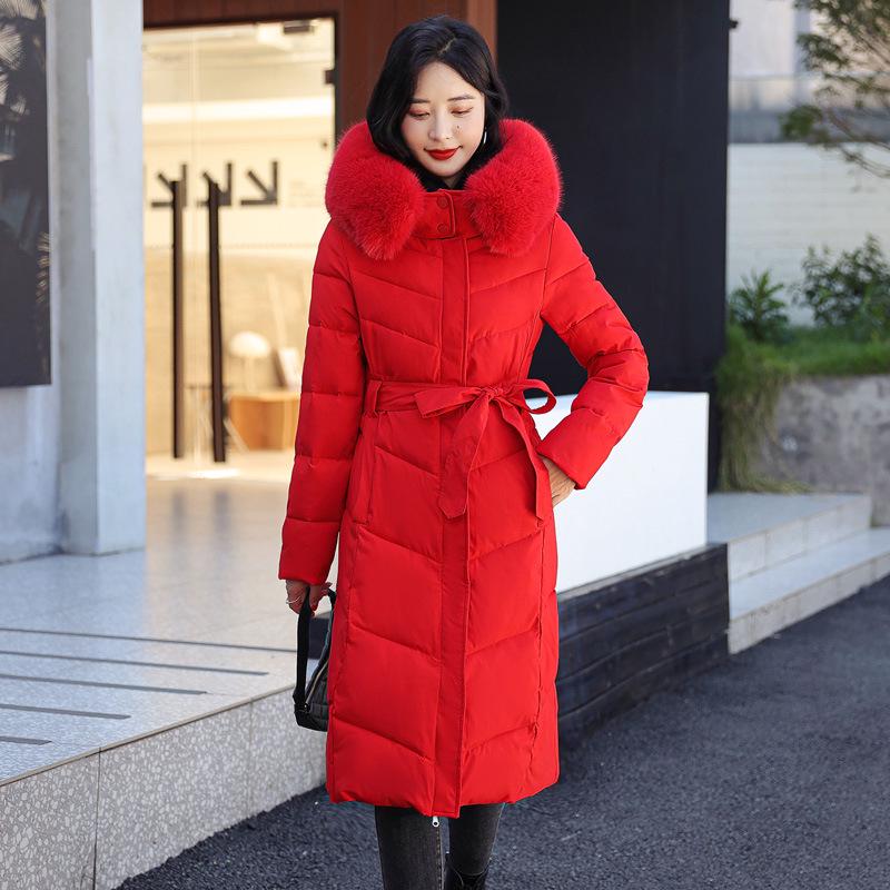 Women's Knee-Length Double-Sided Down Cotton Coat with Large Fur Collar Hood - New Winter Fashion.