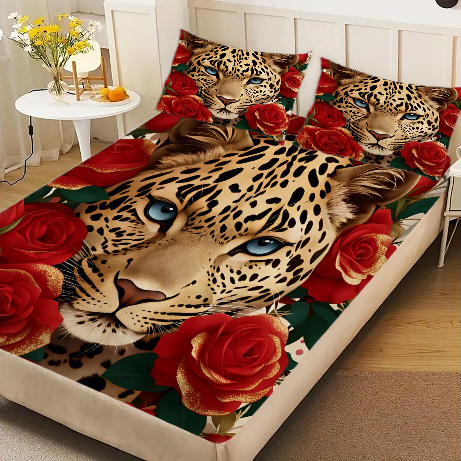 

Leopard Print Fitted Sheet Set Red Roses And Leopard Face Design With Pillowcases For Bedroom Decor 99x190x25cm