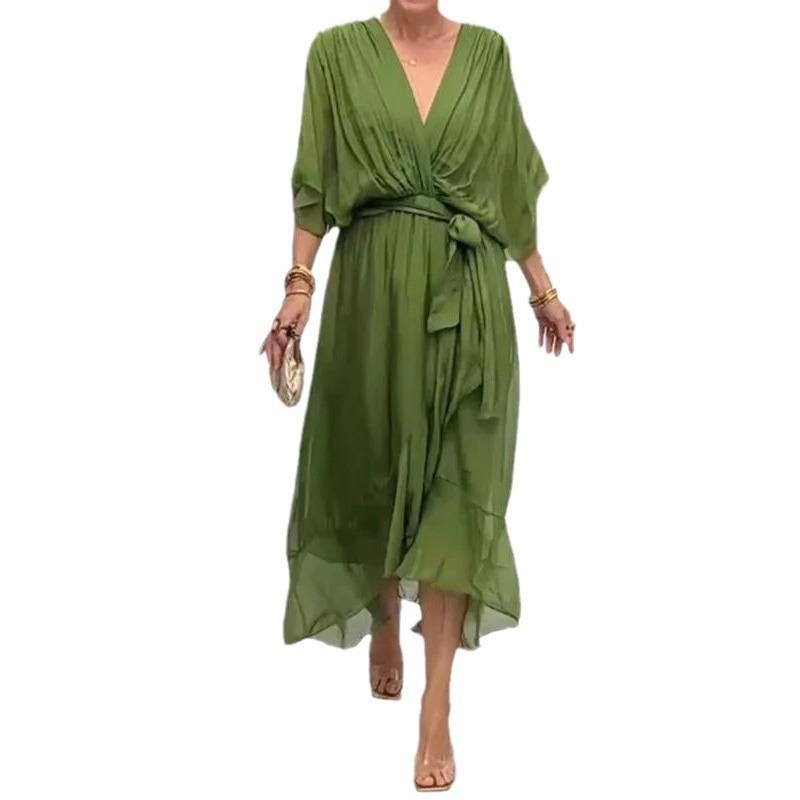 Women's Plus Size Solid Color Lace-up Long Dress with Batwing Sleeves and Irregular Hem