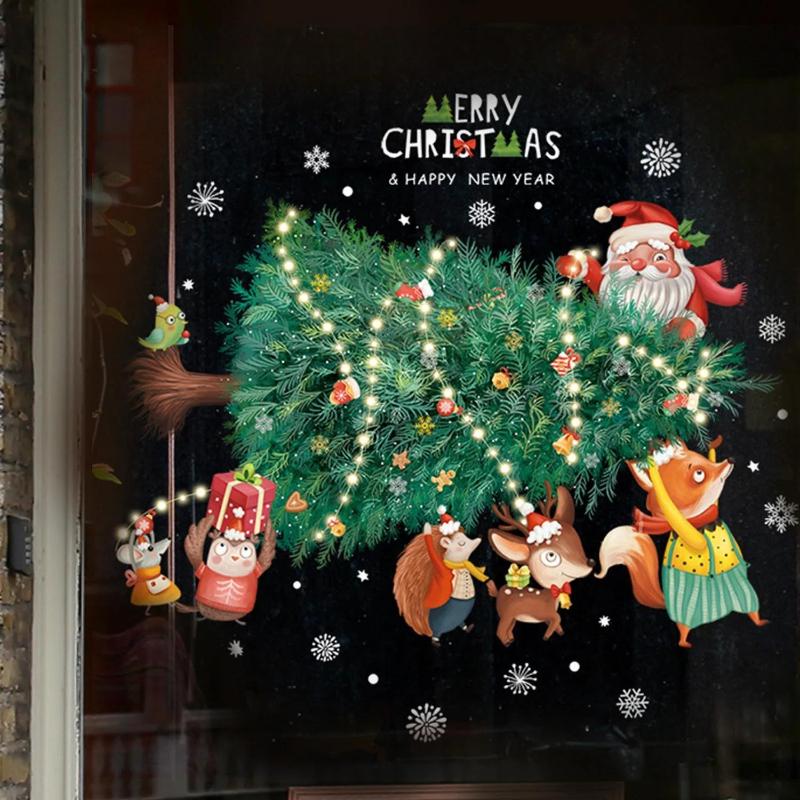 Cartoon Christmas Tree Window Display Glass Decoration Stickers Home Party Holiday Removable Self-adhesive Static Wall Sticker
