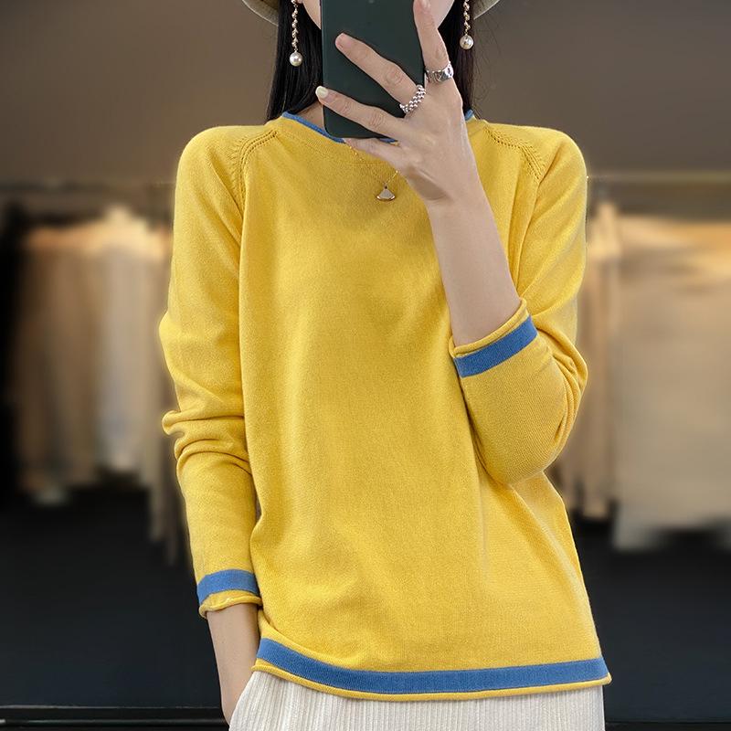 Knitwear Women s Round Neck Sweater Spring and Summer Loose Color Matching Cotton and Linen Bottoming Shirt S 1986₽