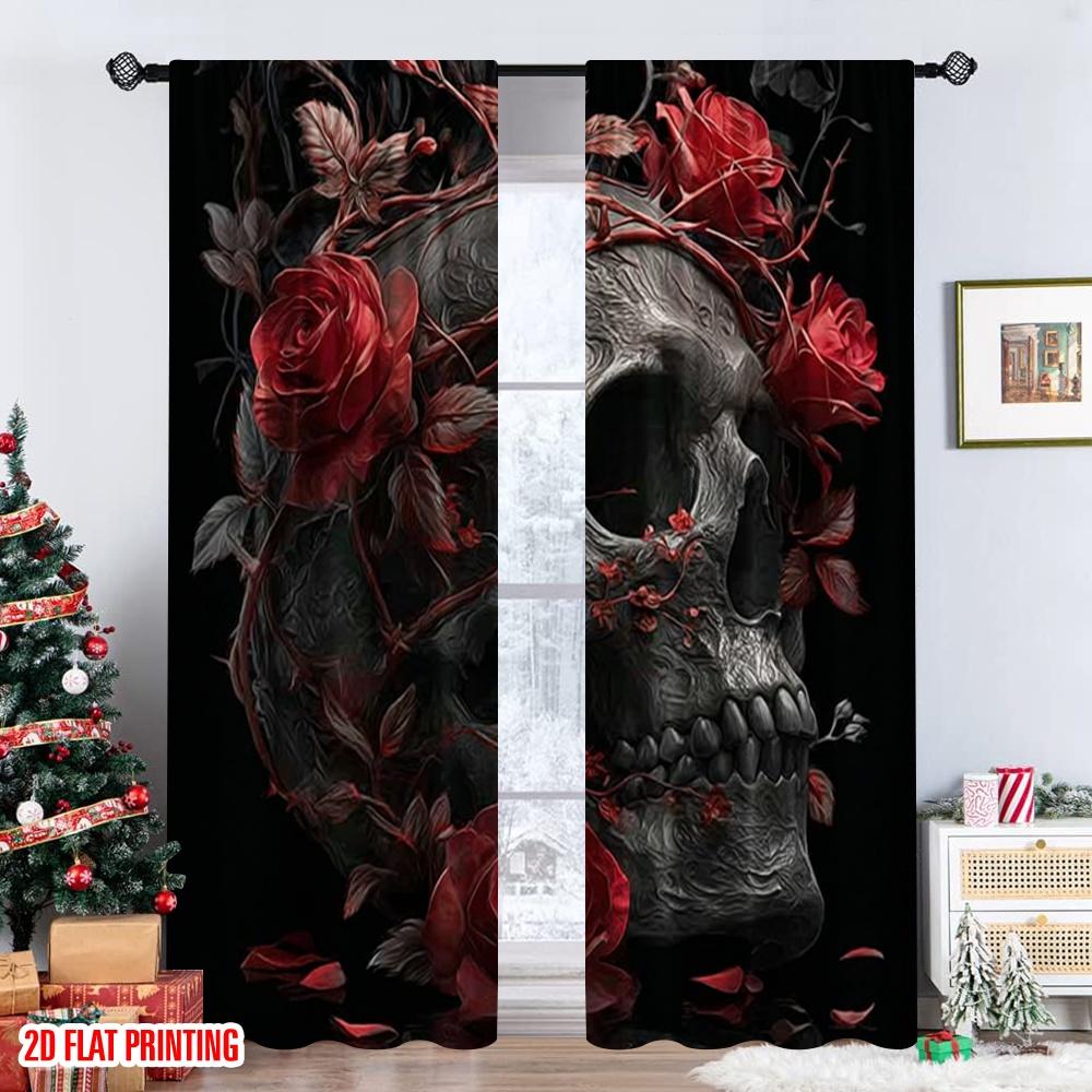 2pcs 2D flat printing Merry Christmas Curtains Skeleton Rose Art Digital Printed Polyester Drapes Festive Holiday for Bedroom