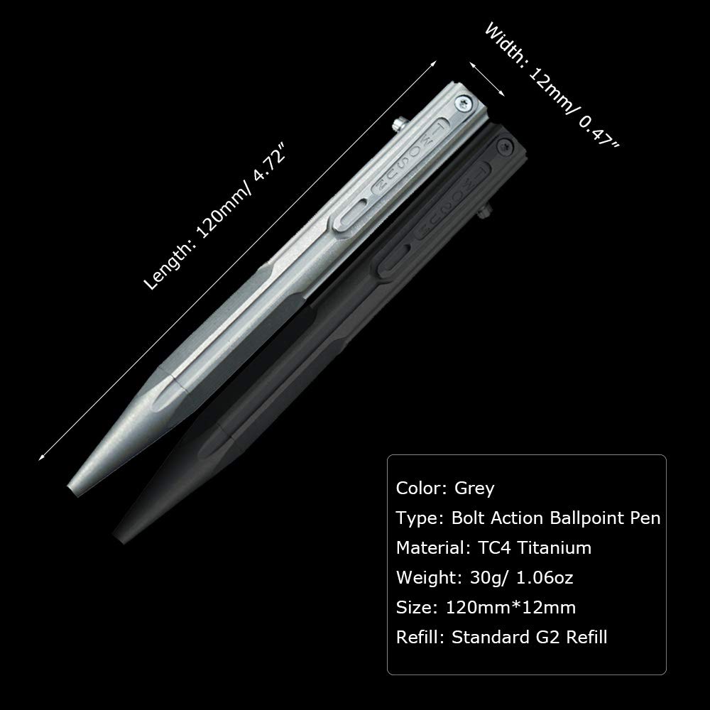 Hamans Bolt Action Titanium Ballpoint Pen with Compact EDC Tool Pen, Clip, Size, (Gray)