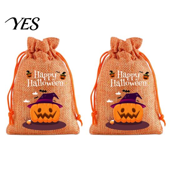 Trick or Treat Party Souvenirs 2Pcs Halloween Pumpkin Drawstring Bags for Candy Treats, Retro Burlap Cute Ghost Theme Pouches Bags, Portable