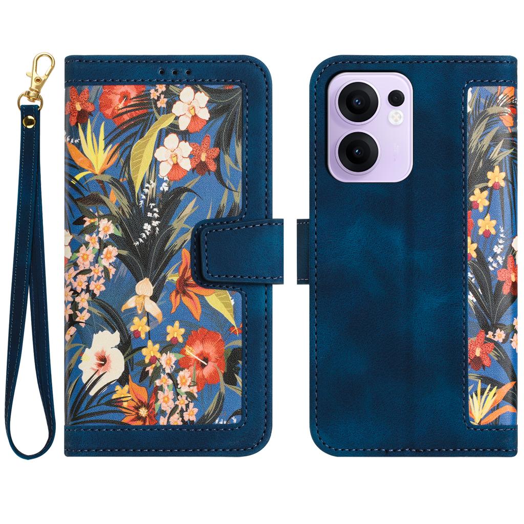 For Oppo Reno13 F 5G/4G Case PU Leather Floral Phone Cover with Card Slots/Wrist Strap