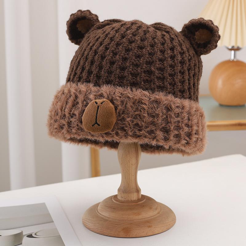 Cute Bear Hat for Women In Winter Plush New Korean Knitted Hat Versatile Warm Ear Protection Thickened Fashionable Plush