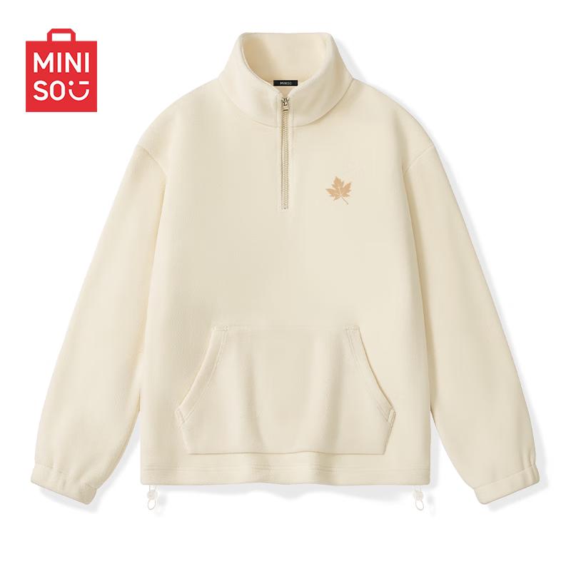 

MINISO Men s Casual Fleece Lined Stand-Collar Half-Zip Sweatshirt with Golden Autumn Emblem 3XL