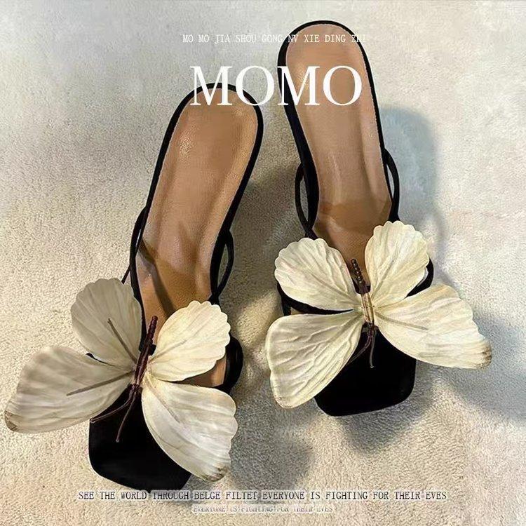 

French niche temperament butterfly slippers women s 2025 new spring and summer thick heel high heel sandals 35 чёрный