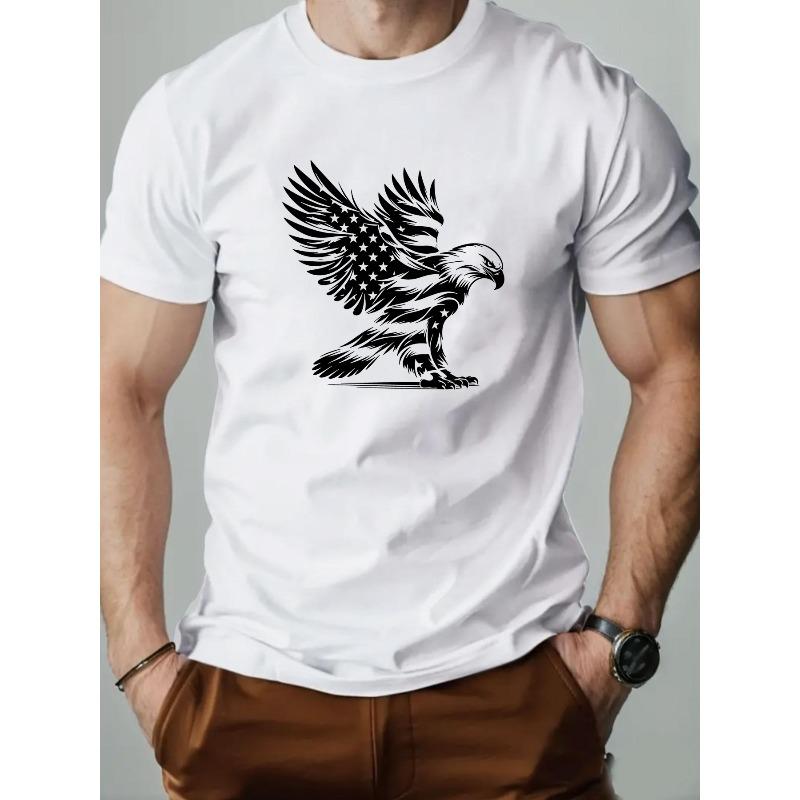 European Size Men's Short Sleeve T-Shirt Compatible for Eagle Print - Solid Color Casual Round Neck Summer Shirt, Short Length for Hot Weather
