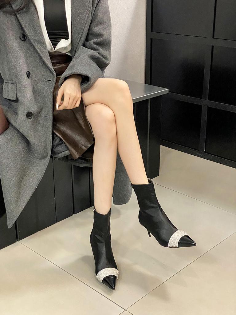 fashion Silk Women Ankle Boots Pointed Toe Winter Boots Woman Thin High Heels Back Zipper Rhinestone Chain Autumn Spring Boots Woman 40