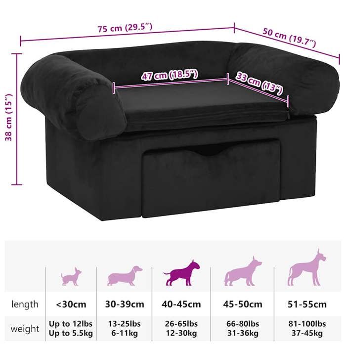 VidaXL Canapé pour Chien avec Tiroir Noir 75x50x38 cm Peluche Sofa Animaux 171078