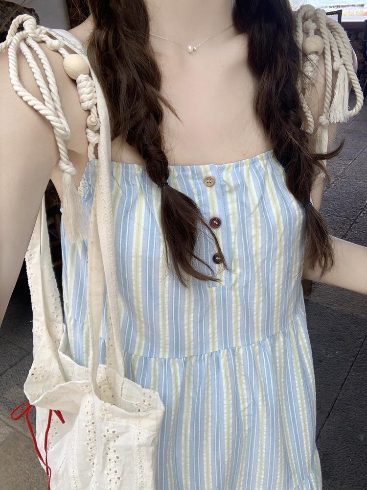 Women's Seaside Striped Camisole Dress - French Style Summer 2026, Loose Fit, Petite Long Dress