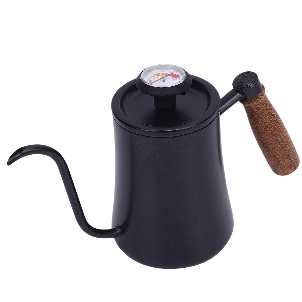 600ML Coffee Brewing Pot 304 Stainless Steel Water Pot with Temperature Meter Wood Handle   Spout