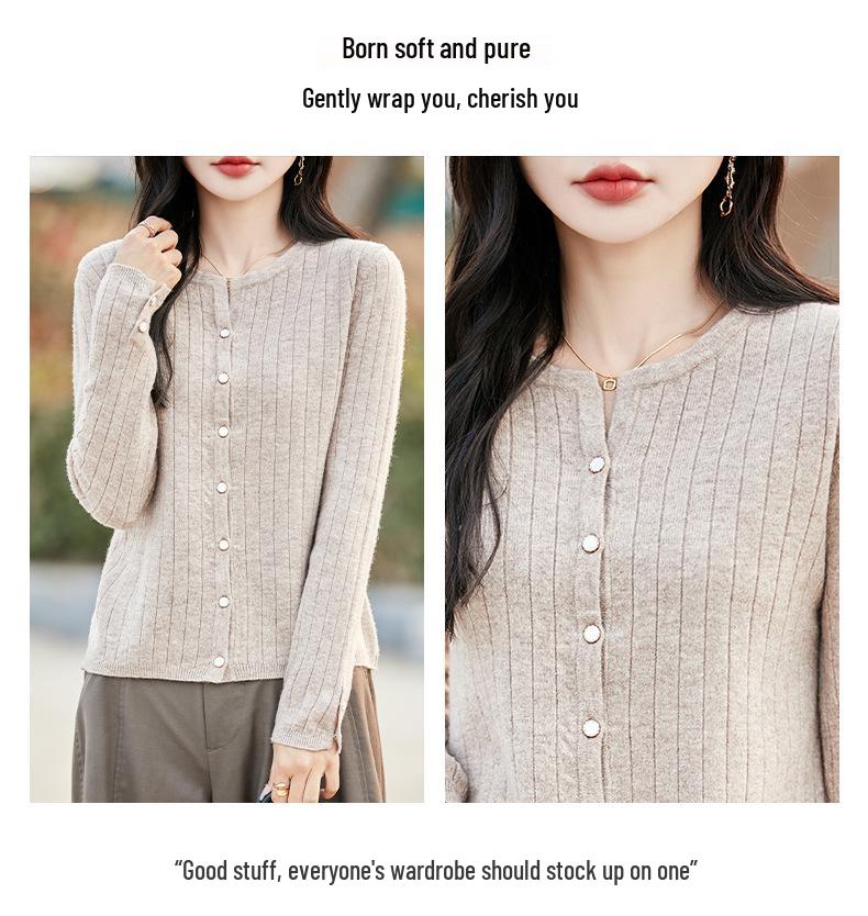 100% Pure Wool Ribbed Knit Cardigan, Round Neck, Long Sleeve, Solid Color, Loose Fit, Warm Outerwear for Autumn & Winter