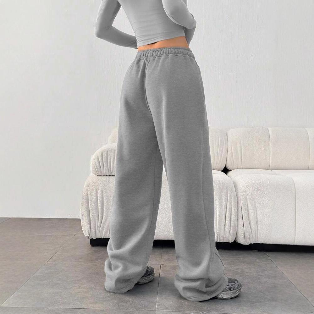 Plus Size Women's Loose Solid Gray Elastic Waist Sweatpants with Pockets Casual Straight Leg Pants