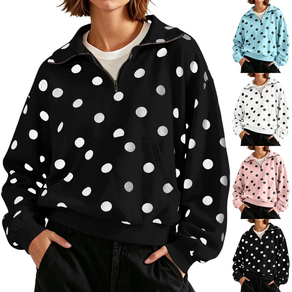 Women's Long Sleeve Half Zip Polka Dot Sweatshirt