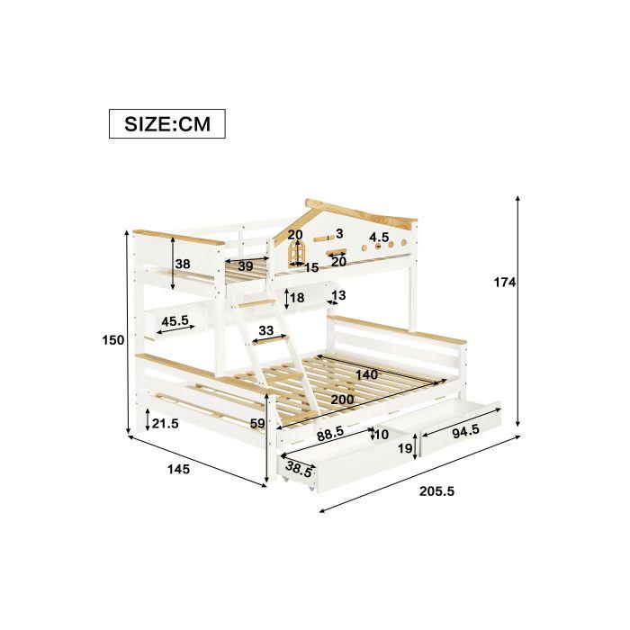 Køyeseng - MUVOE - 90x200cm & 140x200cm - Hvit + Natur - 2 skuffer - Skråstige