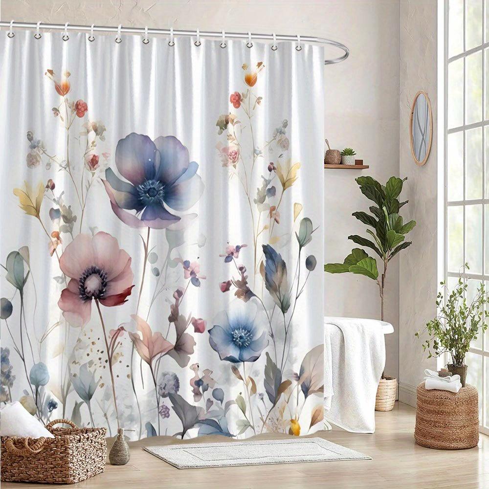 1 Pastel Floral Shower Curtain - Delicate Lavender, Pink And Blue Flowers With A Subtle Wash, Polyester Fabric With Hooks