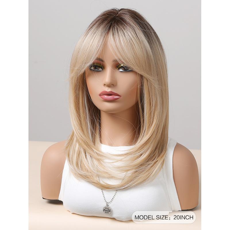 Długie czarne warstwowe peruki syntetyczne z grzywką Karmelowo-brązowa peruka z prostymi włosami Blond podkreśla Włókno termoodporne Kostium do użytku codziennego