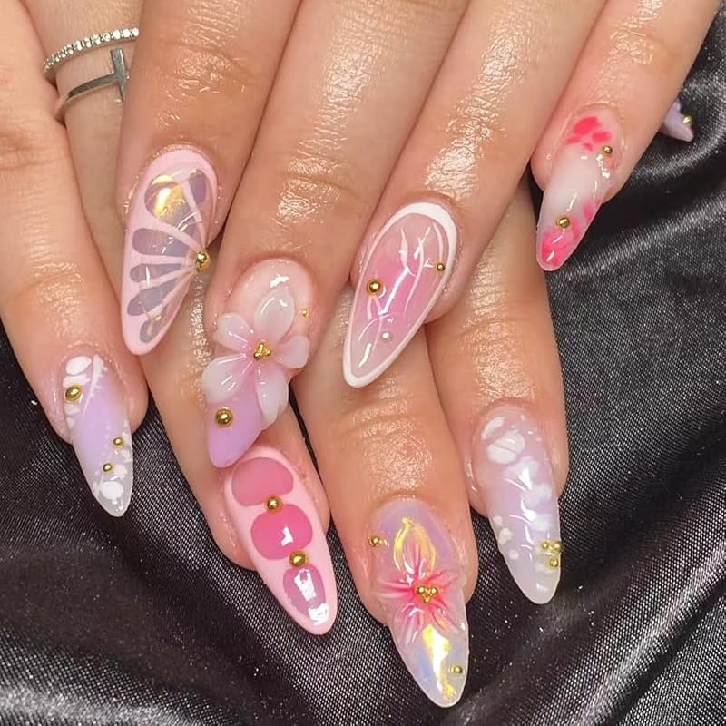 Flower Press on Nails Short Almond Fake Nails Spring Summer Nails Shell French Tip False Nails Press ons with Pearl Design Glossy Acrylic Reusable