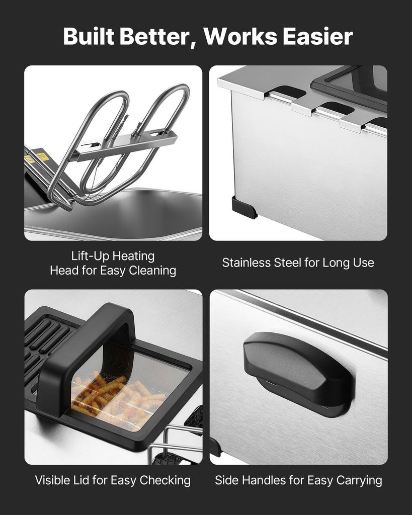 VEVOR Commercial Electric Deep Fryer, 5.2 L Oil Capacity, 2500W Stainless Steel Countertop Fryer with Large & Small Baskets, Overheat Protection