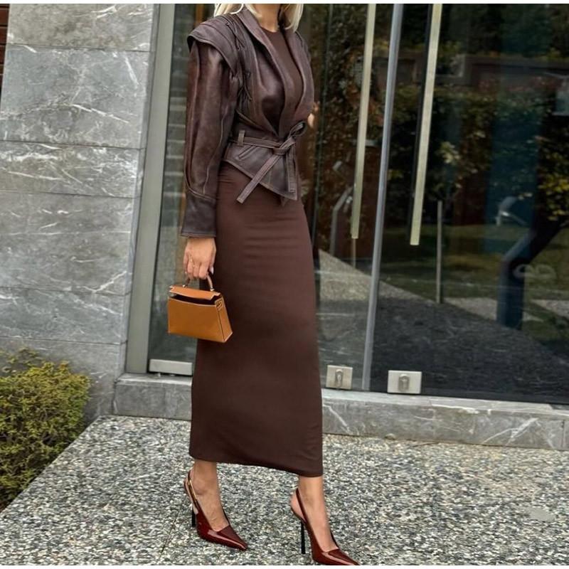 Women's Dark Brown V-Neck Belted Leather Jacket with Button Front