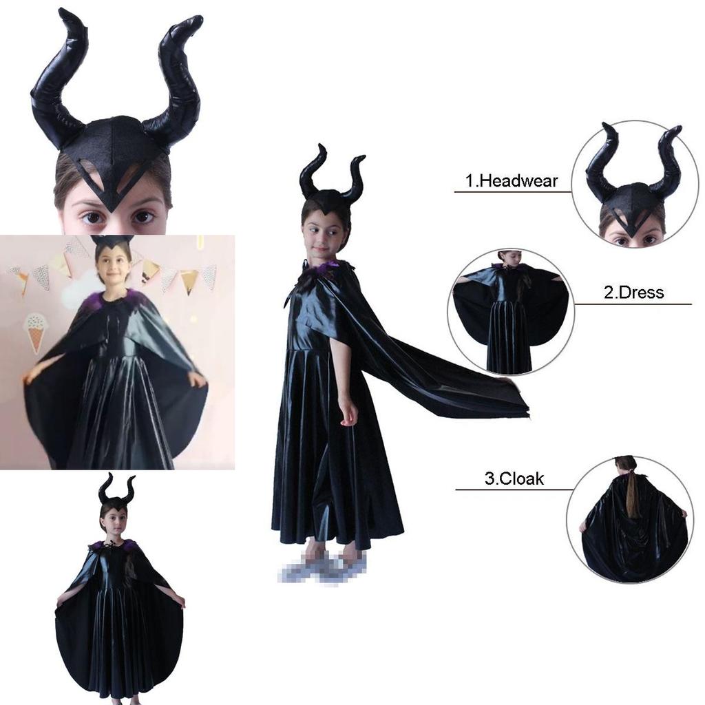 Captivating Maleficent Sorceress Evil Queen Girls Fancy Dress Halloween Costume With Horned Headwear