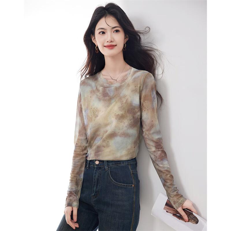 Xinfeiyu Women's Tie-Dye Mesh Long Sleeve T-Shirt