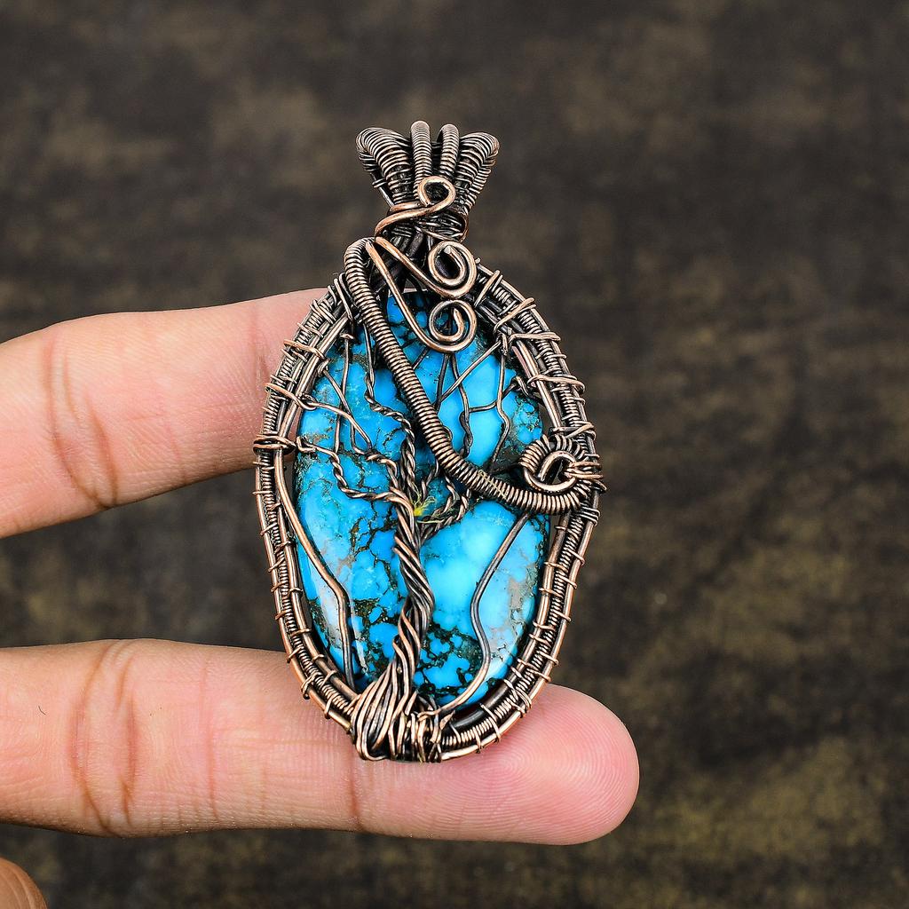 Natural Tibetan Turquoise Gemstone Copper Wire Wrap Gift Pendant 2.76 g6Q67
