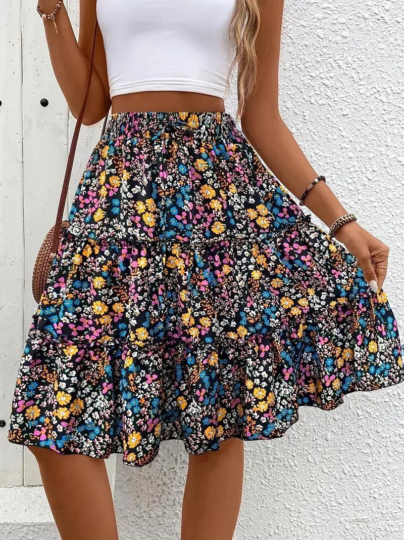 Summer small floral women s floral bohemian ruffle hem skirt S чёрный
