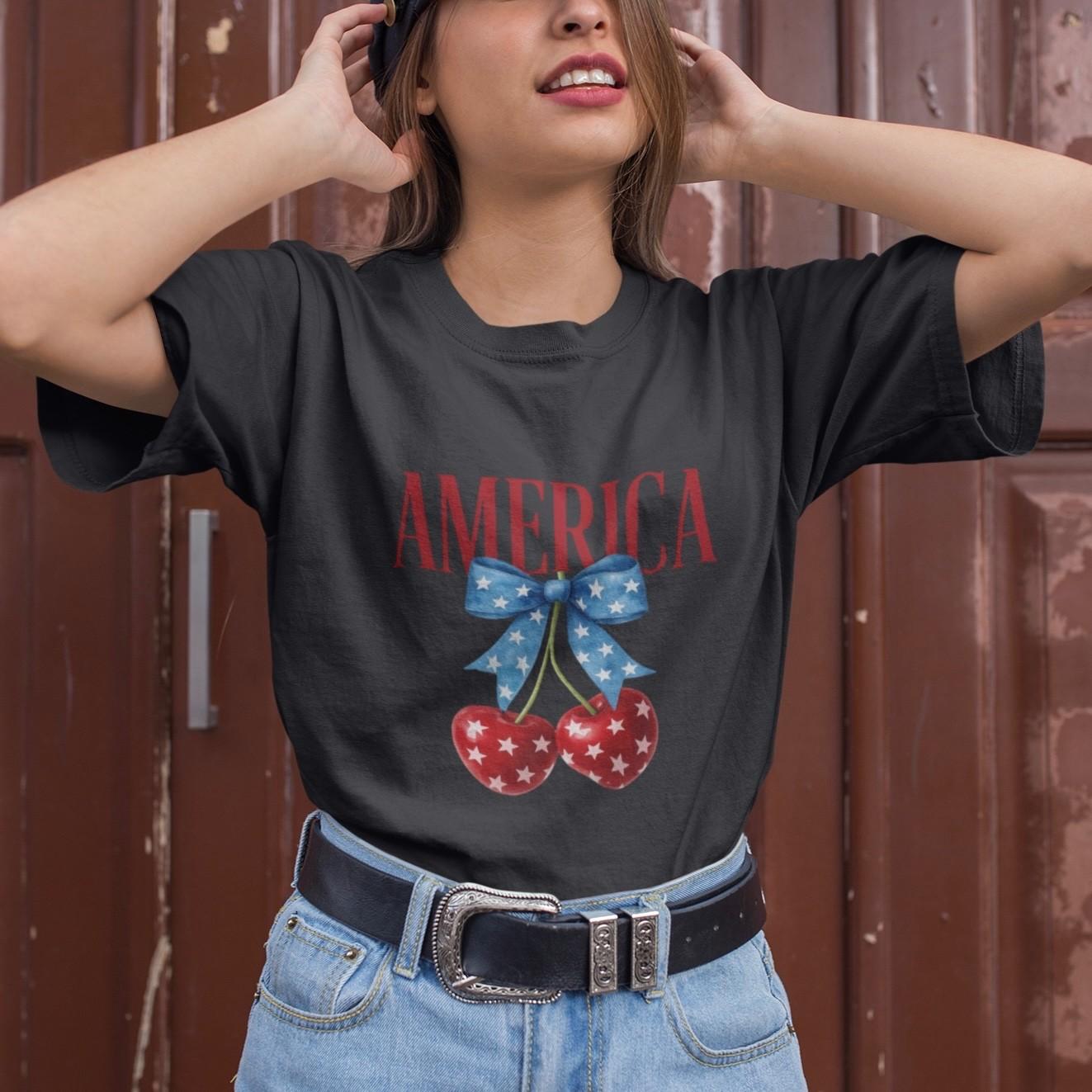 Cute America Cherry Bow T-Shirt Women Independence Day Patriotic Casual Top S