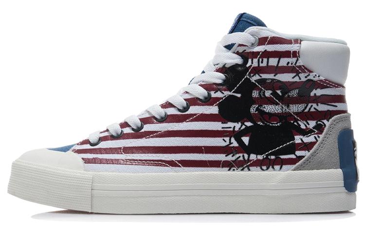 Keith Haring X Li Ning Disney Skateboard Shoes Women's High Top Standard White/Paradise Blue AECR062-1