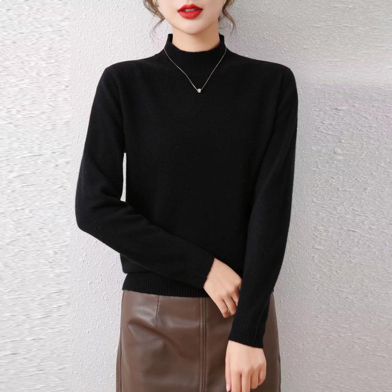 Women's Autumn/Winter Wool Sweater - Half-High Round Neck, Warm Knit Pullover, Ideal Base Layer