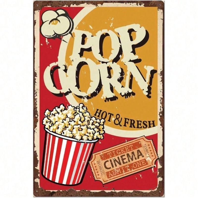 

Retro Metal Wall Art Popcorn Cinema, Vintage Bar Decor