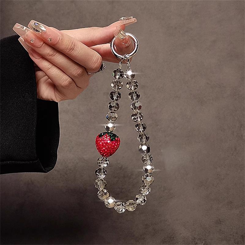 

Luxury Rhinestone Strawberry Hand Chain Wrist Short Lanyard With Clip Mobile Phone Case Retro Cute Keychain Pendant Accessories Other