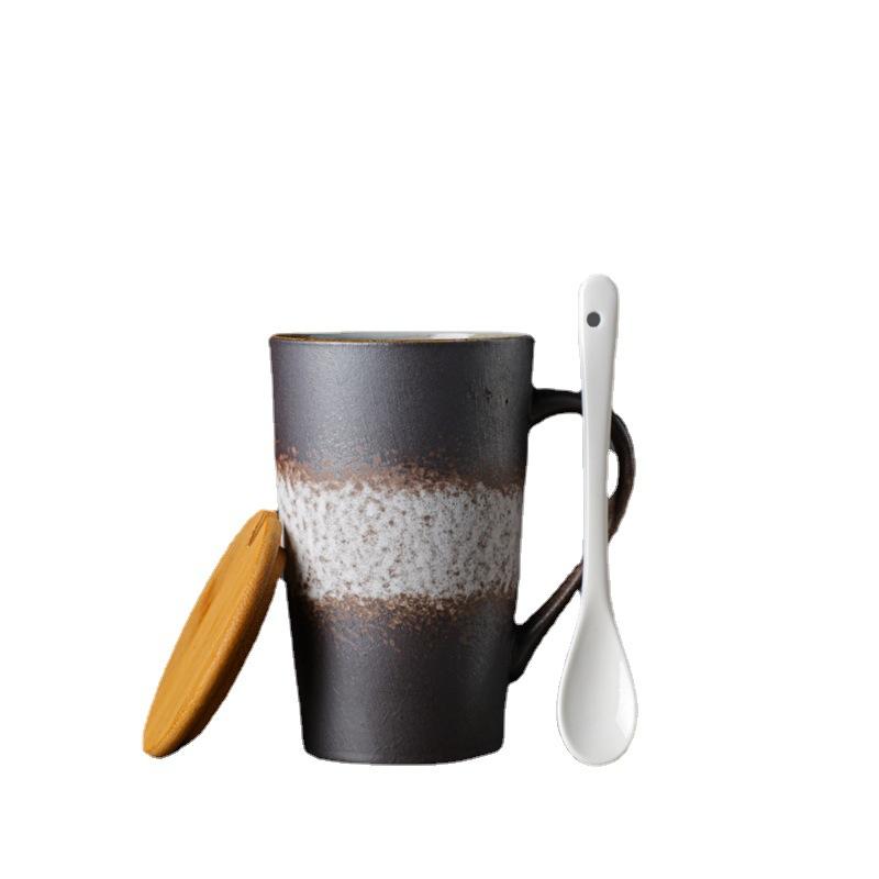 Ceramic Cup Retro Coarse Pottery Coffee Cup Creative Japanese Breakfast Cup With Spoon And Lid Gift Cup Office Cup