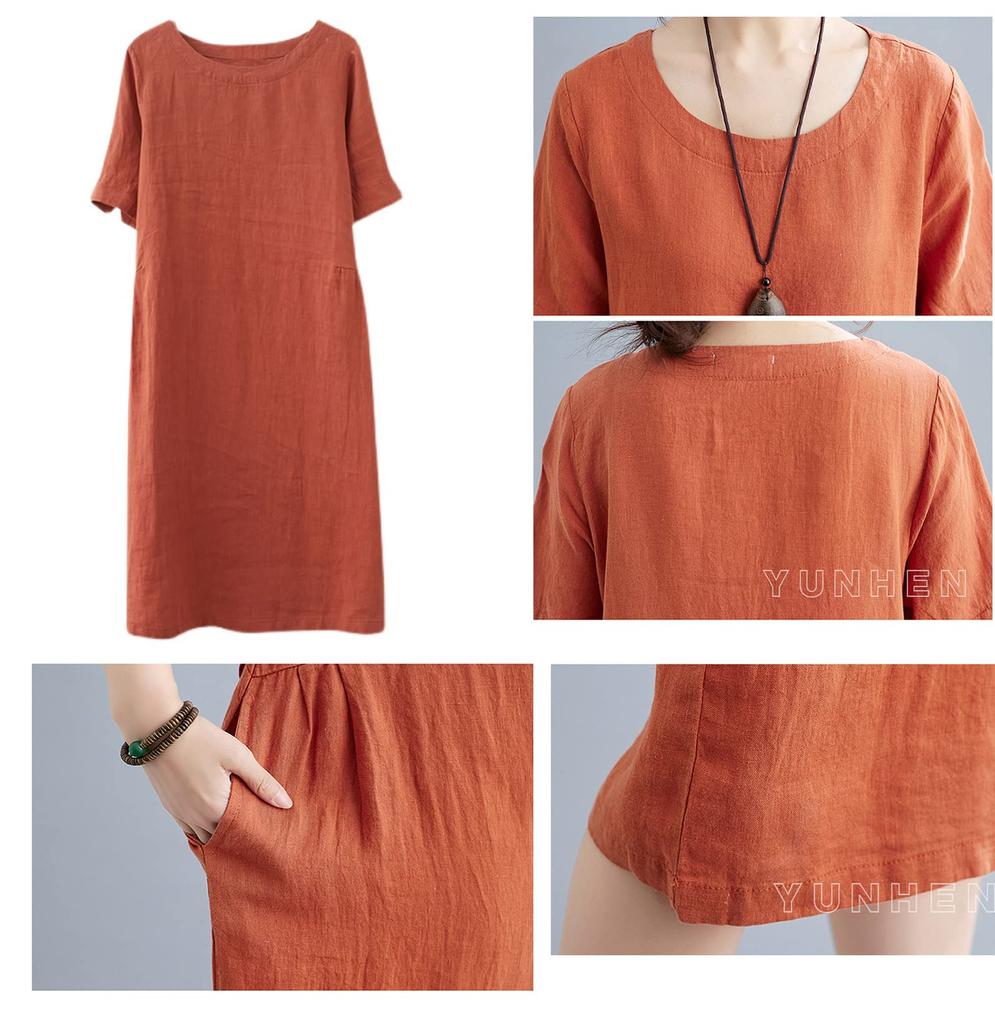 YUNHEN Summer Short Sleeve Loose Solid Plus Mori Girl 9 Women's Dress, Mid-Length, Fit, Color, Sizes, Style, Cotton/Linen, Figure-Flattering (Color