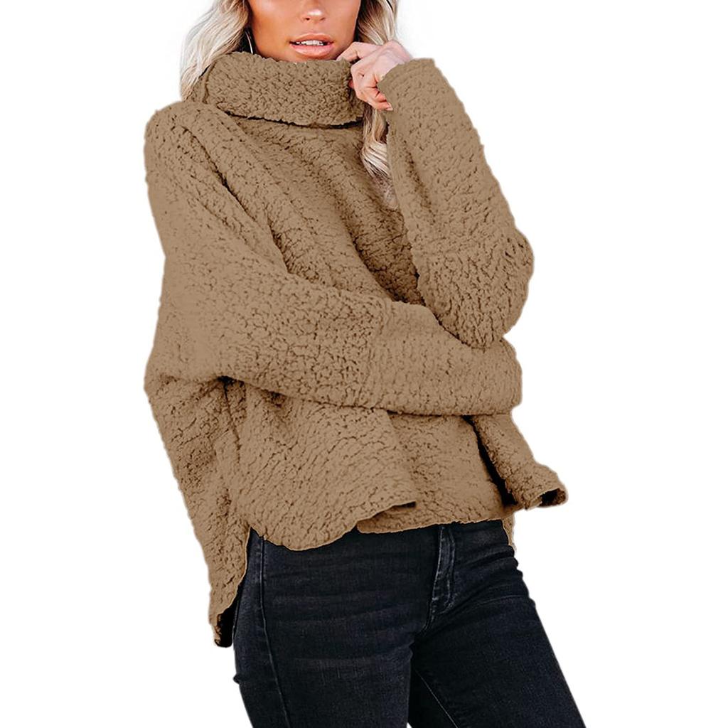 Oversized Turtleneck Sherpa Fleece Sweatshirt,Loose Long Sleeve Warm Teddy Coat Pullover Top,Soft Fluffy Casual Outerwear for Multi-color Outfits