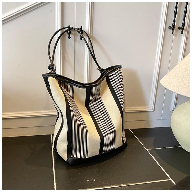 Premium Elastic Weaving Canvas Striped Bucket Bag Korean Lazy Wind Tote Bag Large Capacity Commuter Shoulder Bag