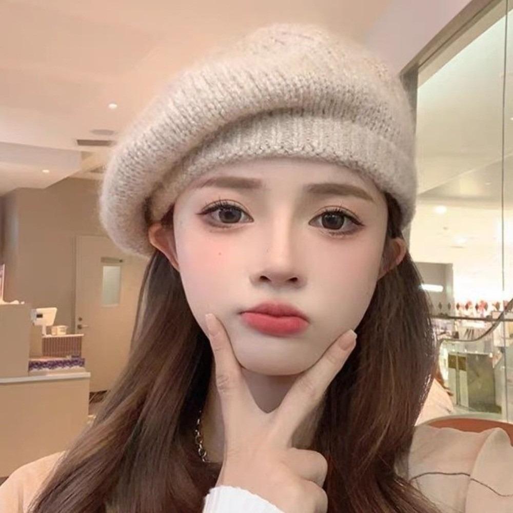 Solid Color Knitted Beret Hat Mohair Knitted Octagonal Cap Newsboy Cap Wool Painter Hat  Streetwear