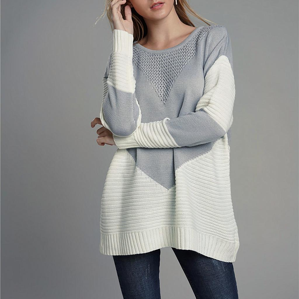 Women's Temperament Loose Round Neck Stitching Knitted Long-sleeved Sweater