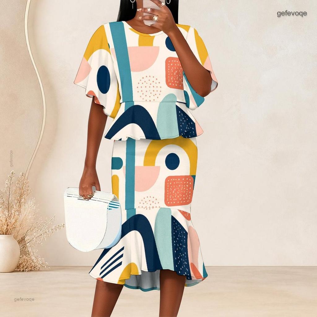 Women Plus Size Round Neck Batwing Sleeve Printed Ruffle Hem Top Fishtail Skirt Two Piece Set