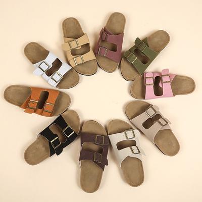 Retro Dicksohlige Boken Schuhe für Damen Sommer Doppelschnalle Rundzehen-Slipper Rutschfeste Strandschuhe