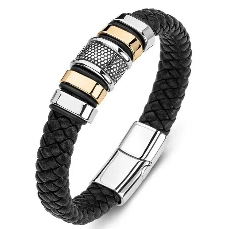 Hochwertiges handgeflochtenes Leder Edelstahl Magnetverschluss Armband Herren Charme Mode Lässiger Schmuck Geschenk