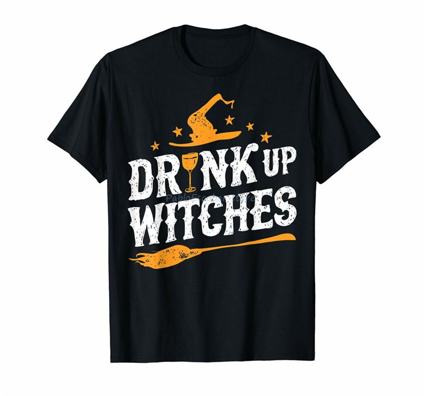 Halloween Witch Women Drinking Wine Cool Gift Personality Tee Shirt High Quality Outdoor Wear Shirt Drink Up Witches T Shirt S