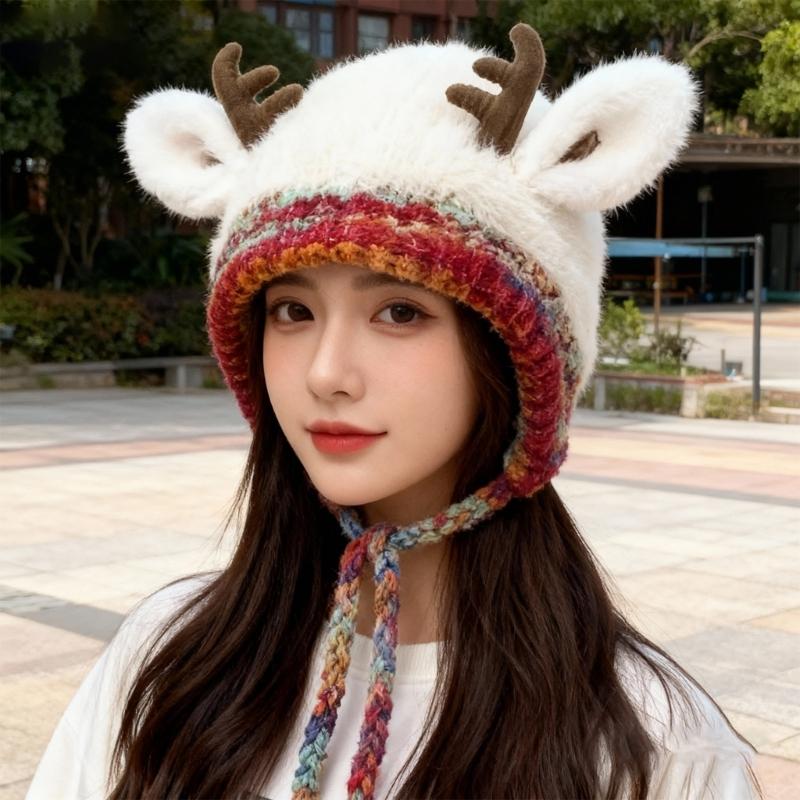 Czapka dziergana z rogami renifera Ciepły zimowy dodatek na przyjęcia świąteczne spotkania rodzinne