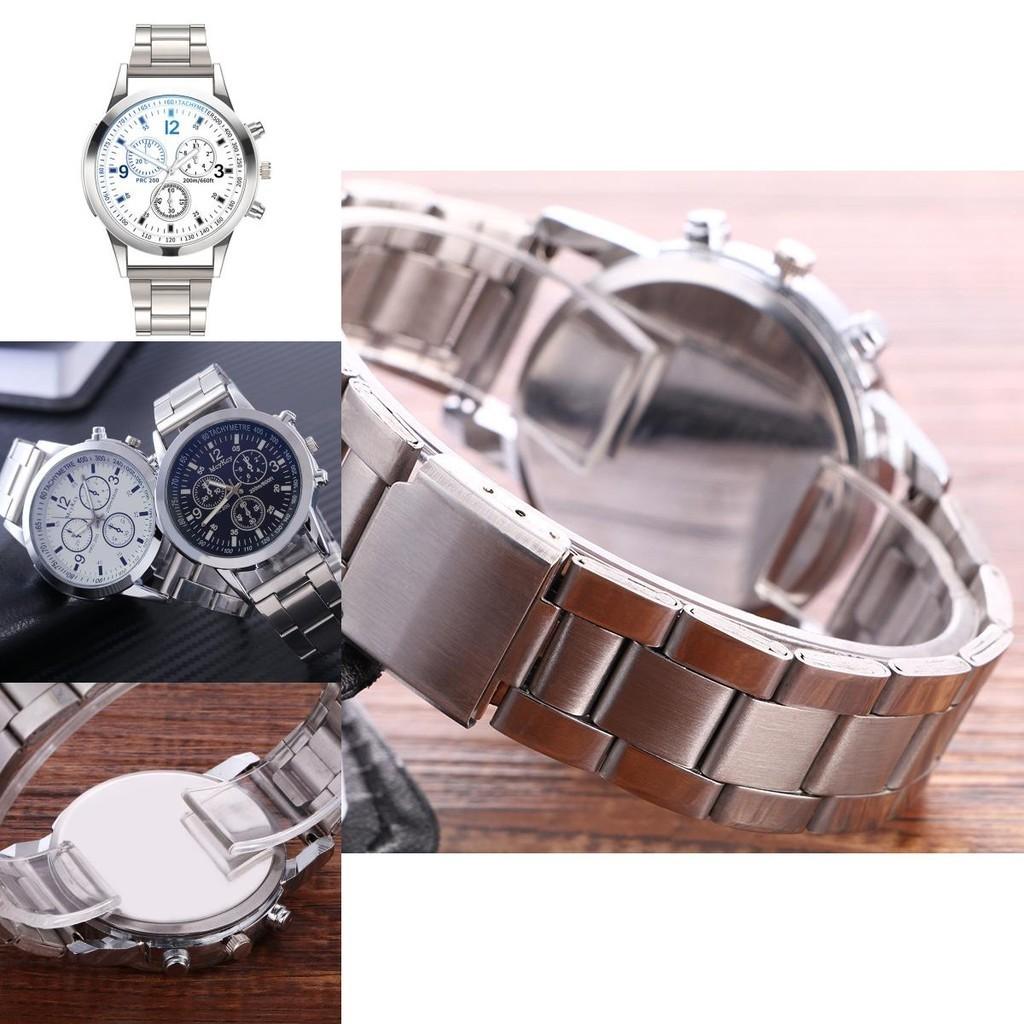 Atemberaubende Blaues Licht Glas Drei-Augen Stahlarmband Uhr Für Männer Quarz Uhr Perfektes Geschenk Für Männer