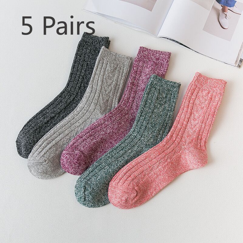 

5 Pairs of Thick and Warm Autumn and Winter Socks for Women, Solid Color Double-needle Rabbit Wool Socks, Mid-calf Women s Socks 5 pairs