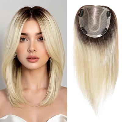 HAIRCUBE Világosszőke 14 hüvelykes emberi haj fedők sötét gyökerekkel nők számára